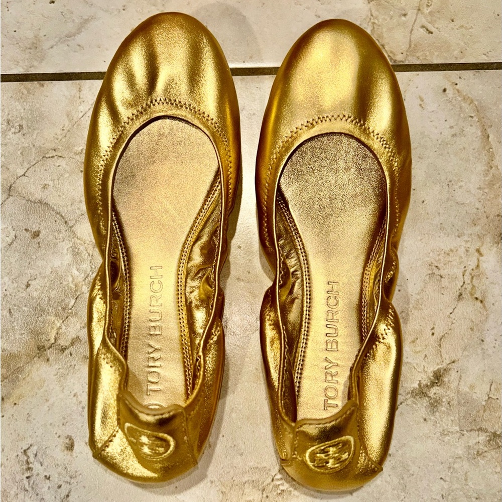 NWOT Tory Burch Eddie Metallic Gold Soft Lamb Ballet Flats
